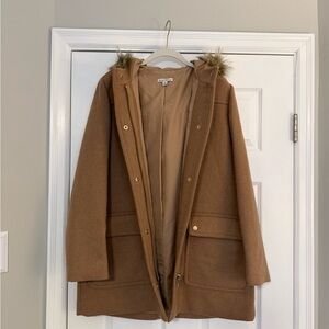 J. Crew Brown Hooded Coat with Faux Fur Trim